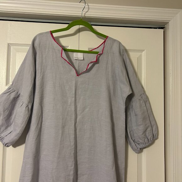 NINA LEUCA Sz XL Gray with Pink Trim 100% Linen 3/4 Sleeves Maxi Dress ITALY - Picture 3 of 8